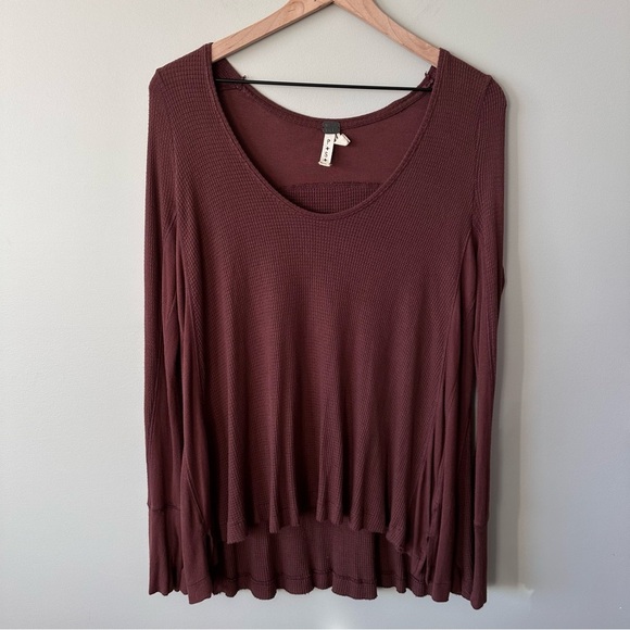 Free People Shirt Womens S Brown Venture Thermal Hi Low Hem Oversized Boho - Picture 1 of 11